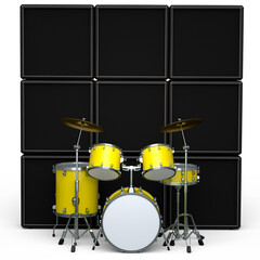 Wall Mural - Set of realistic drums with metal cymbals or drumset and amplifier on white