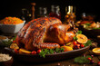 a christmas Menue with roast goose on brown background with copy space