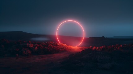 Wall Mural - desert night landscape, neon circle. generation ai
