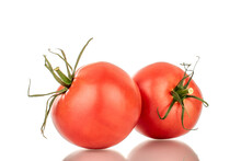 Two Pink Juicy Tomatoes, Macro, Isolated On White Background.