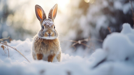 Rabbit in winter forest. Cute wild animal in snowy forest.