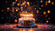 Vibrant confetti explosion behind a birthday cake crowned with sparkling candles Ai Generative