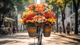 Fototapeta  - An iconic picture of Ha Noi is a mobile flower shop on a bicycle. Autumn is a great time to visit these unique boutiques because there are lots of beautiful flowers.