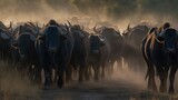 Fototapeta  - Buffalo herd in morning light. Wildlife concept with a copy space.