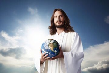 Wall Mural - Jesus the son of God in white clothes stands at a background of blue sky and clouds - he is smiling and holding the planet Earth globe in his hands. Jesus Christ loves you.