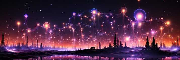 Poster - Magical fantasy landscape with a starry night sky and glowing lights.