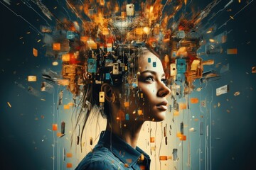 Poster - Woman with digital data exploding from mind in cyber environment.