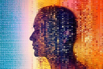 Poster - Pixel mosaic profile of a human head representing digital brain activity and data processing.