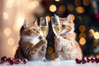 Two cute cats next to a glass of champagne in the background of Christmas decorations. Fluffy cats with cozy Christmas lights in the background.
