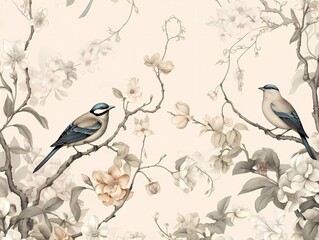 A beautiful asian, chinese art painting. Blossoming gardens, trees and birds. Beautiful asian landscape