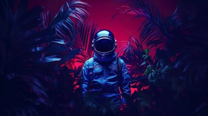 Wall Mural - Futuristic neon background. Cosmonaut tropical leaves. Generation AI