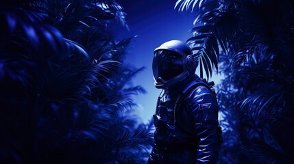 Poster - Futuristic neon background. Cosmonaut tropical leaves. Generation AI