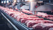 fresh meat pork chops or steaks on a conveyor belt. ai generative