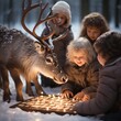 family of children playing chess in a snowy forest, lit up with LED fairy lights, and a reindeer with antlers watching,  generative ai 