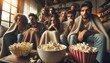 A group of friends sit on the couch and enjoy watching a movie while eating popcorn together.