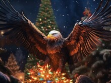 Eagle In Hand, Christmas Tree With Holiday Lights. Christmas And New Year Celebrations, AI Generator