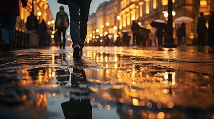 People walking on wet street at night when street lamps illuminate the night.