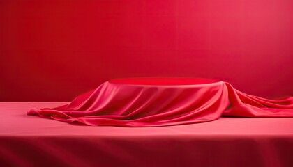 Cylinder podium covered with cloth on a red background.