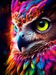 Vibrant digital artwork showcasing the intense gaze of a multicolored owl