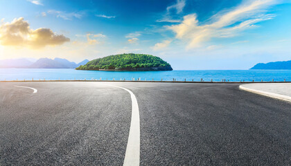 Canvas Print - asphalt road and sea with island natural landscape in summer