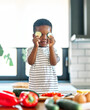 © Lumos sp - child family kitchen food boy son little meal fun preparing healthy diet eating home black african american morning ingredient breakfast vegetable cooking alone portrait