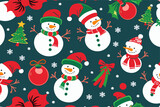 Fototapeta Pokój dzieciecy - Vector christmas pattern with cartoon funny
snowman in red hat of santa claus and scarf, toys ball, 
christmas tree, snowflake
on a black background. 2024 New Year fashion
ornament for fabric, paper.