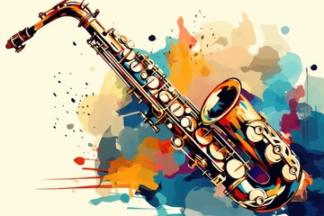 Wall Mural - Musical style illustration, colorful saxophone, notes. Poster, music concert, festival, music store and musical instrument design.