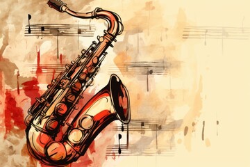 Wall Mural - Musical style illustration, colorful saxophone, notes. Poster, music concert, festival, music store and musical instrument design.