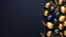 Top view easter decorative eggs arrangement, golden texture , navy blue background with copy space
