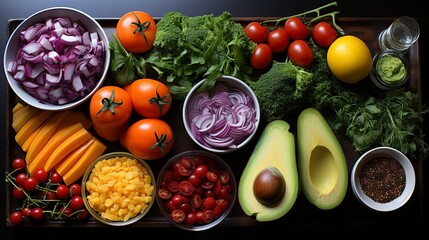 Wall Mural - Ingredients for vegetable salad, diet and healthy food. Low calorie flatlay layout. Illustration