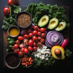 Wall Mural - Ingredients for vegetable salad, diet and healthy food. Low calorie flatlay layout. Illustration