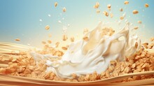Cereals Breakfast With Milk Splashes. Food Background
