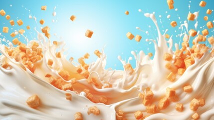 Wall Mural - Cereals breakfast with milk splashes. Food background