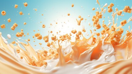 Wall Mural - Cereals breakfast with milk splashes. Food background