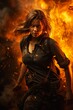 woman black shirt backpack front fire action descent root explosions splash extremely angry one bright