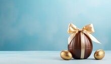 Easter Chocolate Egg Wrapped In Golden Ribbon With A Small Gold Accent On A Blue Light Background, Featuring Copy Space