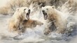 Wildlife dynamics: two roaring polar bears in an aggressive encounter, surrounded by spray, watercolor