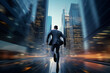 A businessman runs as fast as he can through an office building street in order to successfully plan an innovative idea. Concept for achieving business goals and not missing out on business opportunit