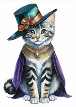 Sweet Silver Tabby Kitten In Costume, Wearing A Chic Cloak Hat And Jewels Dressed Up For New Years, Valentine Or Black Tie Dressy Party Invite Card Isolated Design Element