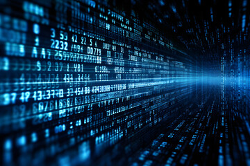 Blue digital binary data on computer screen background