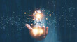 © krungchingpixs - Thinking and creative concept, Businessman holding creative light bulb with a digital network technology, New creativity and innovation are keys to business successful, Planning for strategy.