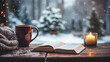 Peaceful winter moment with a hot mug and book by the snowy window. Cozy Christmas time with knitted blanket, candlelight, and a good read.
