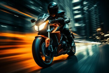 Poster - A motorcyclist races at speed on a motorcycle. Background with selective focus and copy space