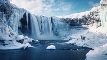 Wall Mural - frozen waterfall on lake blue water ice glacier beautiful 