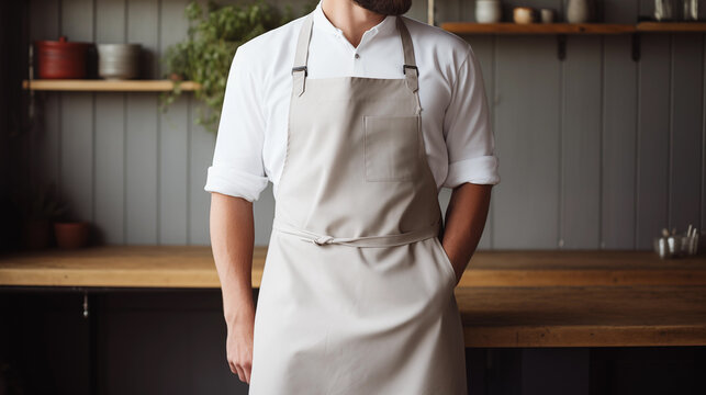 A man in a kitchen apron. Chef work in the cuisine. Cook in uniform, protection apparel. Job in food service. Professional culinary. Green fabric apron, casual stylish clothing. Baker. Generated AI