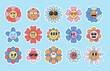Retro flower characters set with emotions. Sticker pack in trendy cartoon style. Editable stroke elements.Isolated vector illustration. 