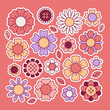 Flowers set. Sticker pack in trendy retro cartoon style. Editable stroke elements.Isolated vector illustration.
