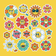 Retro flower characters set. Sticker pack in trendy retro psychedelic cartoon style. Groovy daisy with faces emoji. Editable stroke. Isolated vector illustration.