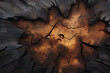 焦げた木の皮をクローズアップして詳細にマクロ背景。A close-up, detailed macro view of charred wood bark, revealing a dark texture. This background showcases the intricate patterns of burned and scratched cork　Generative AI