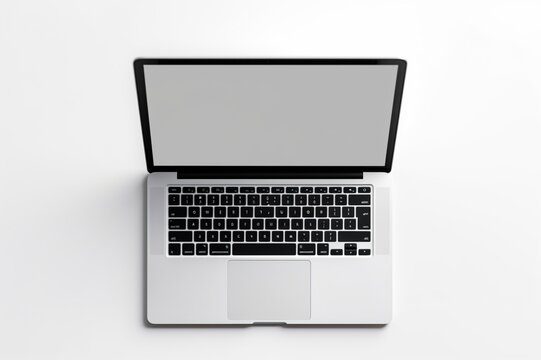 a high-end laptop from a top view on a clean white background. Leave space on the screen for adding custom graphics or text.